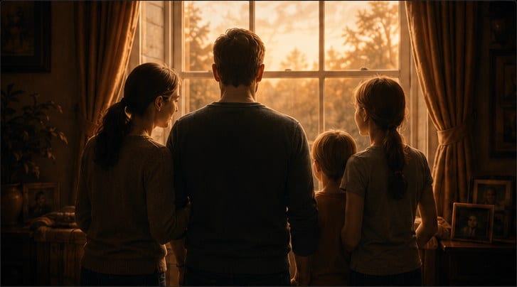 A family standing together in warm window light, suggesting memory, legacy, and preservation.