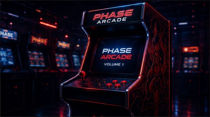 A premium neon arcade cabinet in a dark arcade, representing Phase Arcade Volume 1.
