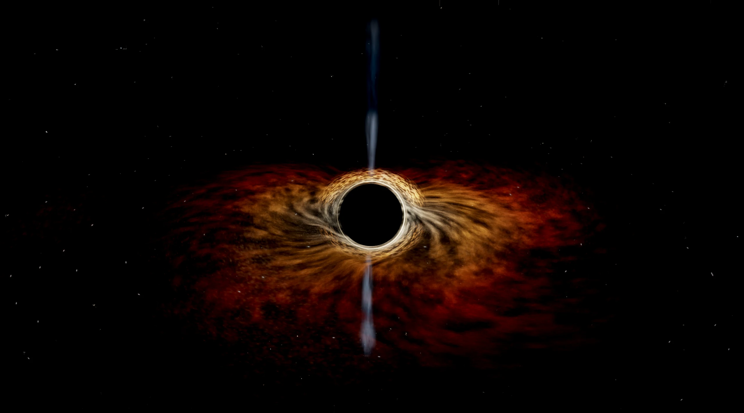Forgefield Eventide: A bright black-hole ring, flowing copper accretion material, and polar jets.