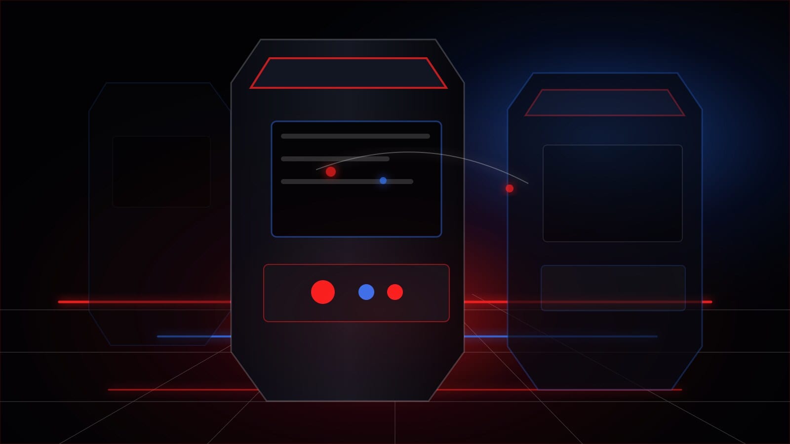 Futuristic arcade cabinet silhouettes with red and blue neon lighting.