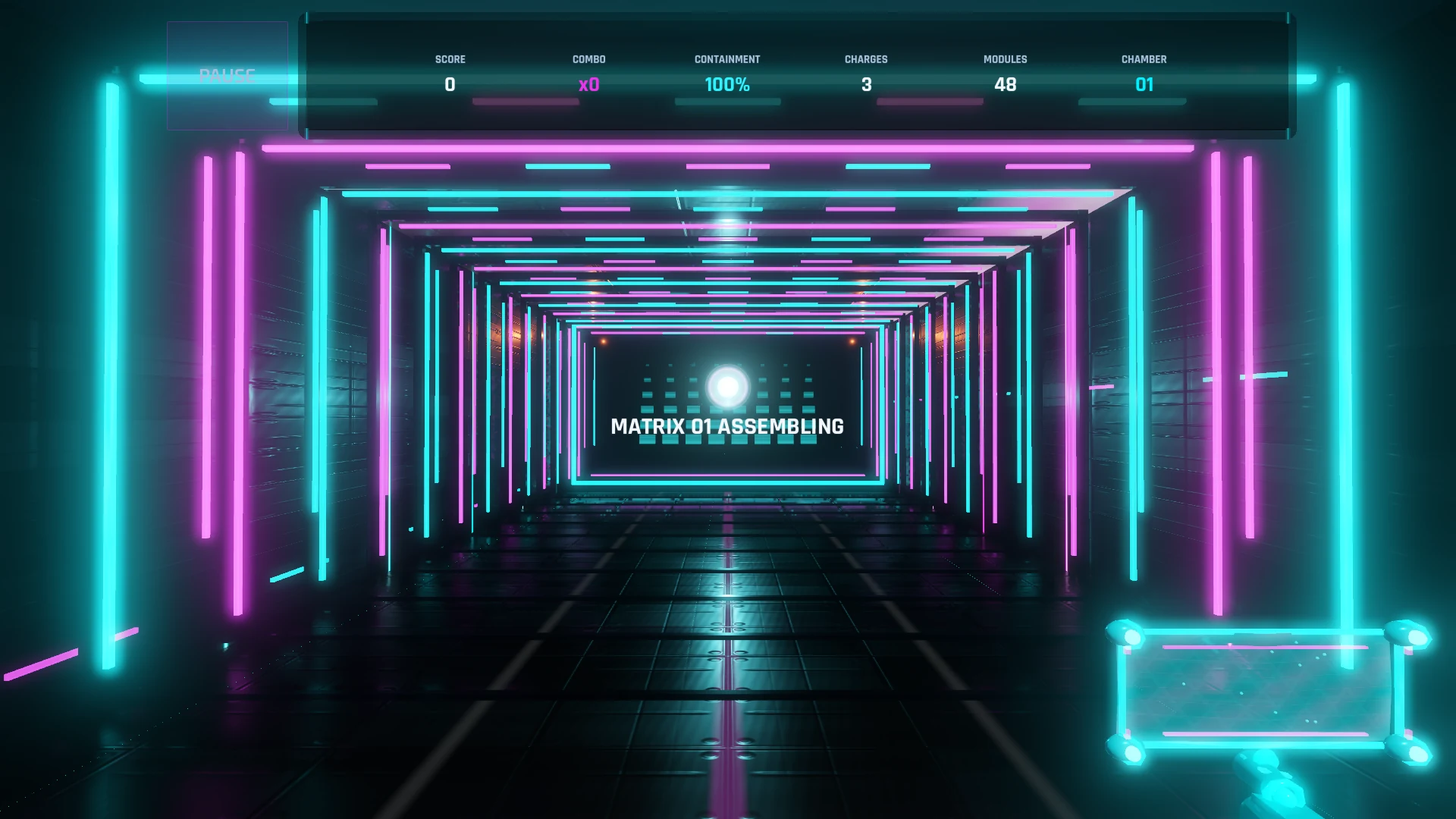 Phase Breaker gameplay from Phase Arcade Volume I inside a cyan and magenta containment chamber.