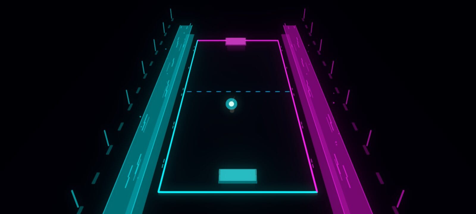 A cyan and magenta arcade court from Phase Court, emphasizing opposing sides and competitive reaction play.