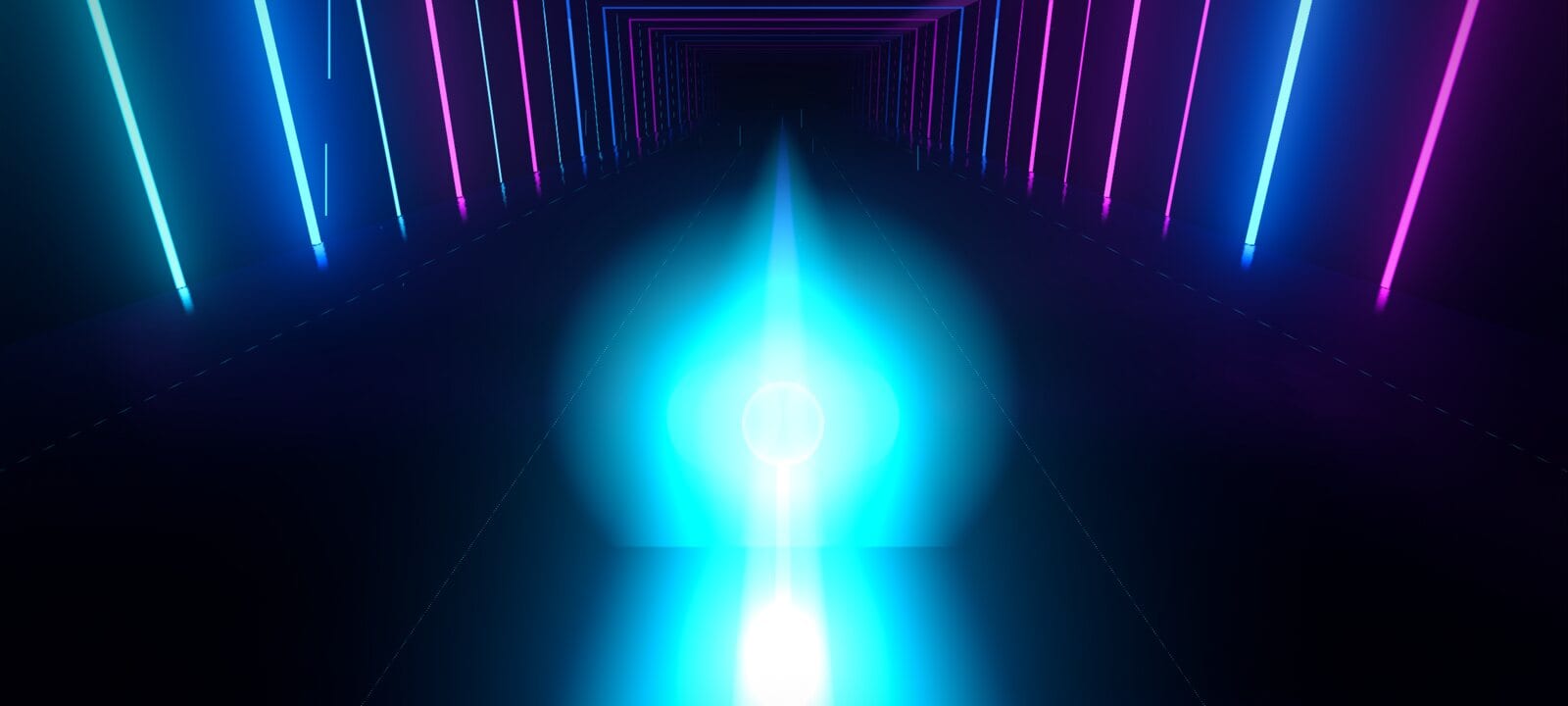 A cyan and magenta neon tunnel from Phase Shift, emphasizing speed, timing, and forward motion.