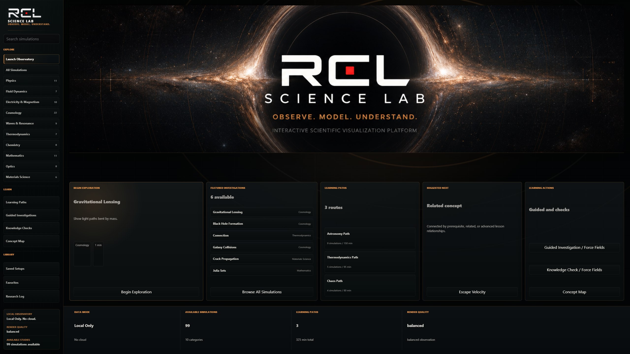 RCL Science Lab observatory launch screen with simulation and learning-path navigation.