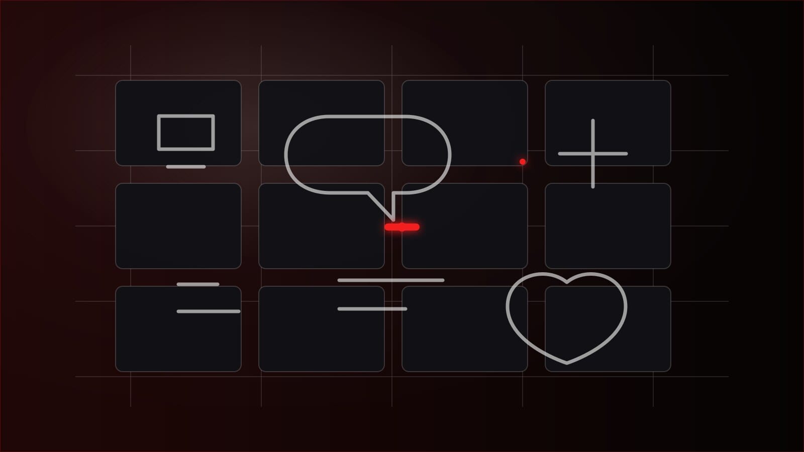 An abstract communication board with structured speech tiles and a soft red glow.
